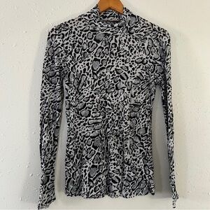 Philosophy Silver Animal Print Mock Neck Stretchy Semi Sheer Lightweight Blouse